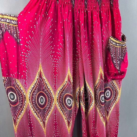 SOLD SOLD SOLD Harem Boho Yoga Hippie Lounge Peacock Print Smocked Baggy Pants - Picture 6 of 7